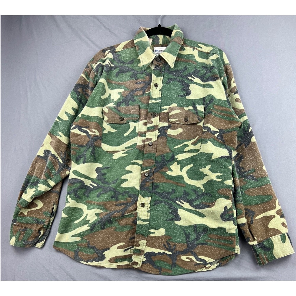 Five Brother Flannel Shirt Mens L Camo Vintage Heavyweight Cotton USA Green Fair